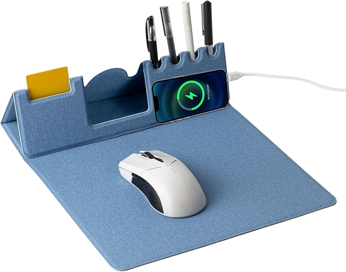Mouse Pad with Phone Holder &amp Pen Holders Wireless Charging Desk Mat Mousepad Home Office Desk Pad with Ultra-Smooth Surface Non-Slip Base Waterproof Keyboard Pad Classic Blue Desk Mat