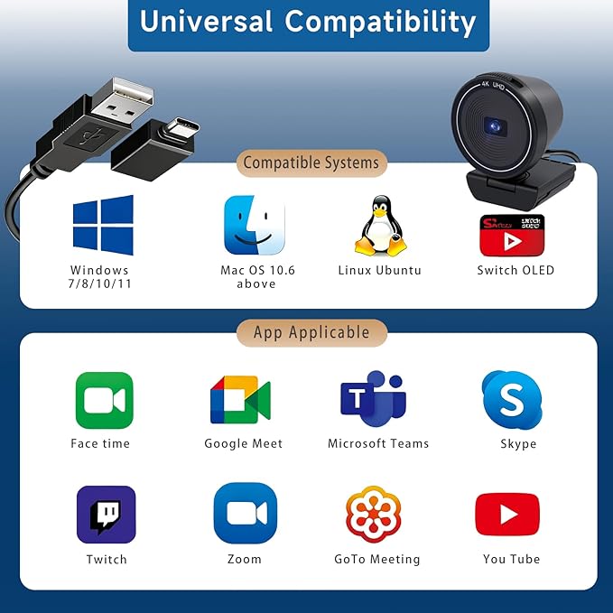 4K USB Webcam for PC with Speaker &amp Microphone 85° Wide Angle Web Camera Auto Focus Dual Noise Cancelling Mics Privacy Cover Plug-and-Play for Desktop/Laptop
