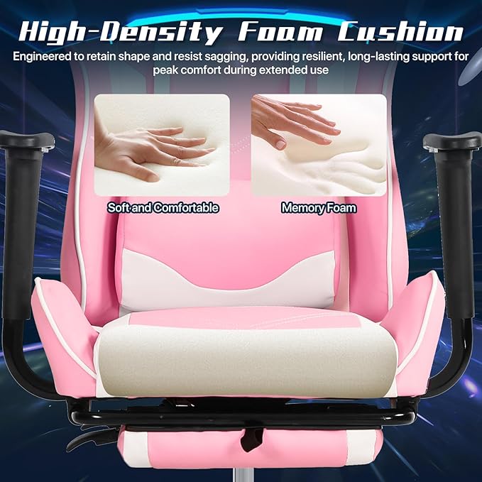 Ergonomic Gaming Chair with Footrest High Back PU Leather Office Desk Chair for Adults Teens Rolling Swivel Computer Chair (Pink)