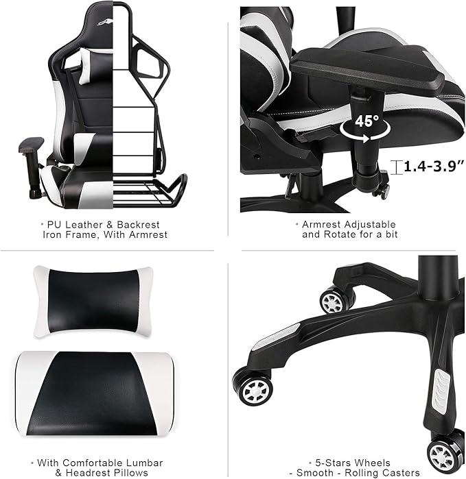 Leopard Gaming Chair High Back PU Leather Office Chair Adjustable Video Gaming Chairs Swivel Racing Chair with Adjustable Armrest (Black/White)