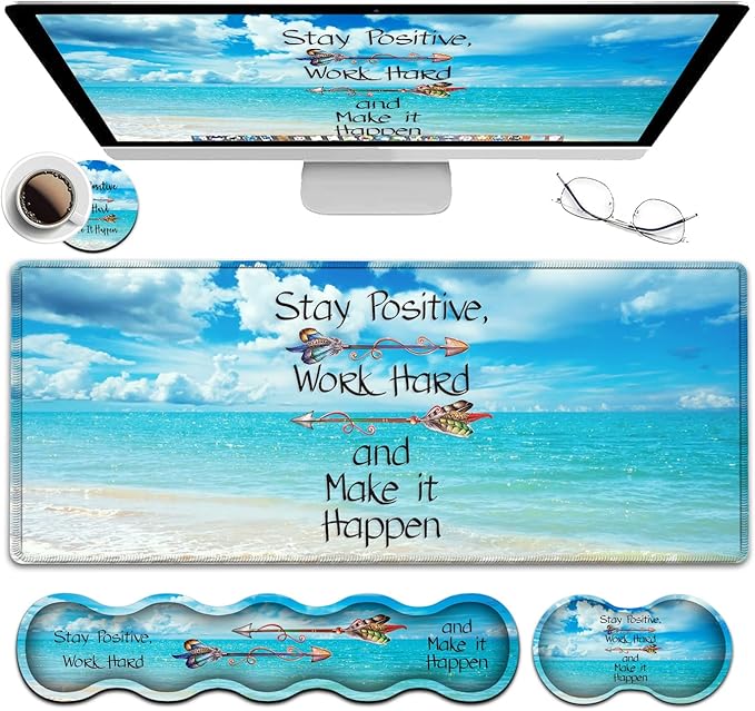 Ergonomic Keyboard Wrist Rest + Large Mouse Pad + Mouse Wrist Support Set Memory Foam Mouse Wrist Non-Slip Rubber Base for Easy Typing Extended Gaming Mousepads XXL Blue Sky Sea Desk Mat Decoration