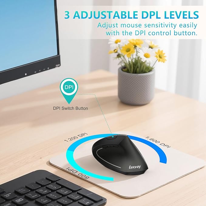 Ergonomic Mouse LEKVEY Vertical Wireless Mouse - Rechargeable 2.4G Optical Vertical Mice : 3 Adjustable DPI 800/1200/1600 Levels 6 Buttons for Laptop Mac PC Computer Desktop Notebook etc Black