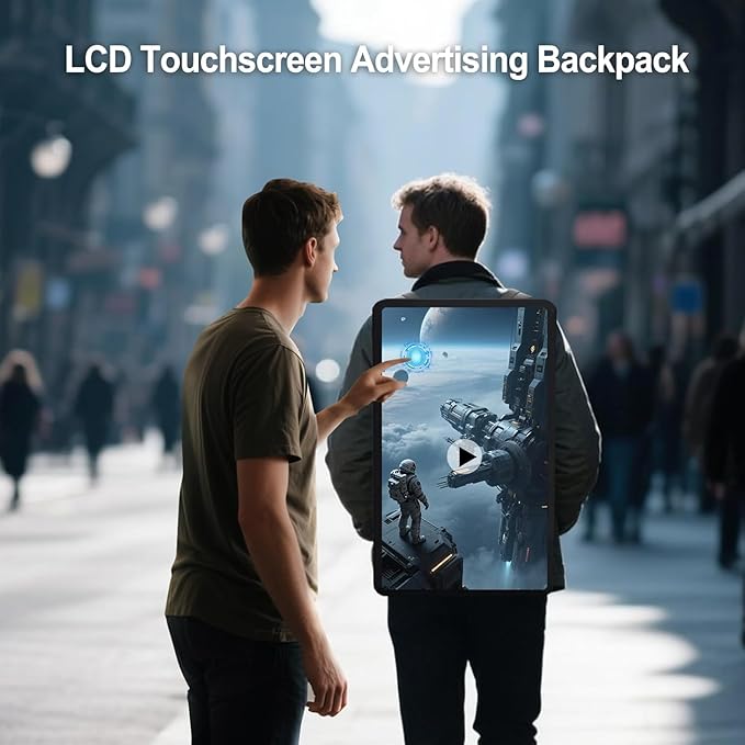 21.5 Inch Touchscreen Advertising Backpack 1000nits High Brightness LCD Screen Backpack IP65 Waterproof Digital Signage Backpack with USB/App/CMS Input for Auto Playback Split Screen Android 11OS