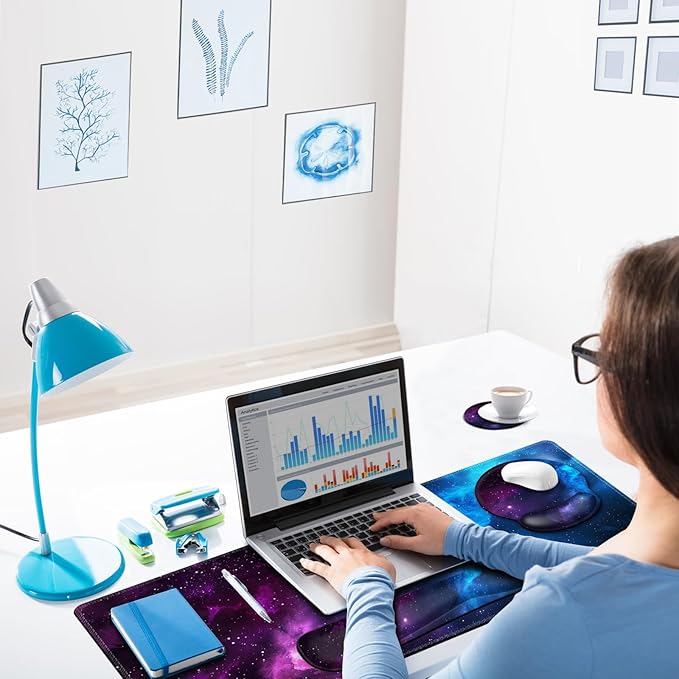 ARTSO Large Mouse Pad and Keyboard Wrist Rest Ergonomic Mouse Pad with Wrist Support Non-Slip Desk Mat Protector for Office Home -Blue Purple Cosmic Nebula