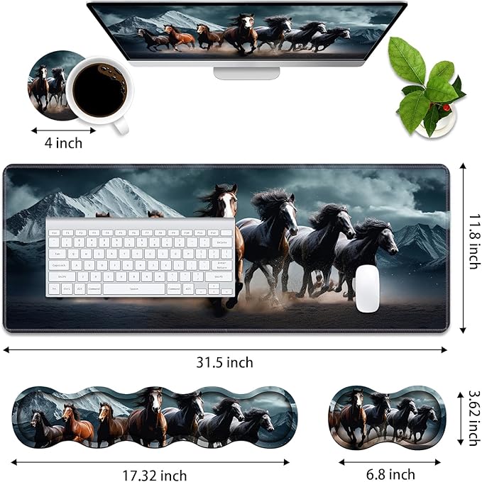4 in 1 Ergonomic Memory Foam Mouse Pad Wrist Rest Set Large XXL Gaming Desk Pad + Keyboard Wrist Rest + Mouse Wrist Cushion + Coaster for Home Office Study Gaming Running Horses
