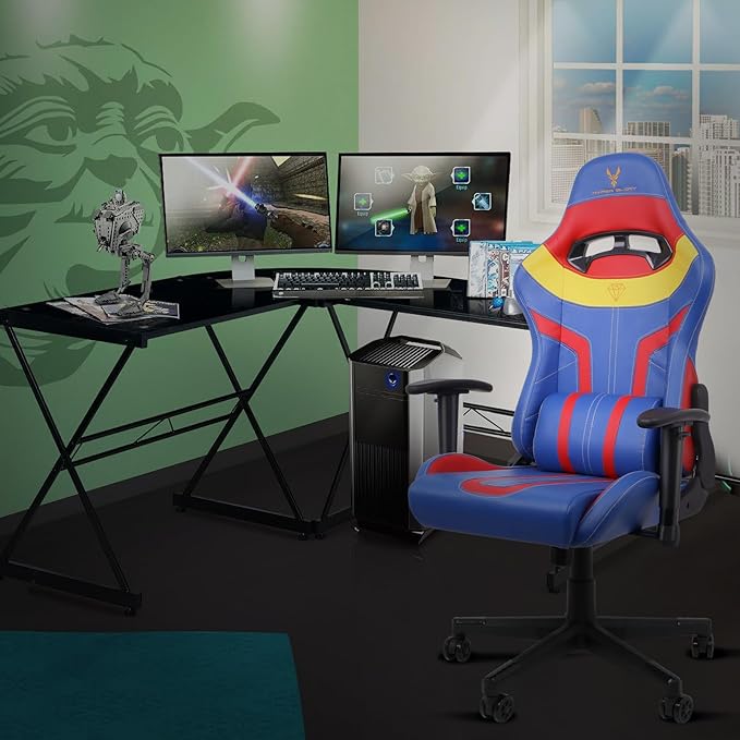 Modern-Depo Video Gaming Chair High Back Ergonomic Computer Chair with Lumbar Support Headrest Height Adjustable Swivel PVC Leather Recliner Blue Red