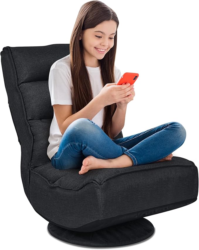 Rainfally 360-Degree Swivel Floor Sofa Chair Folding Gaming Chair w/ 5-Position Adjustable Backrest &amp Comfortable Sponge Padded Lazy Sofa Lounge Chair for Reading TV Watching or Gaming (Black)