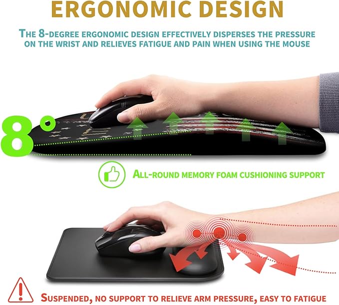 Hokafenle Ergonomic Mouse Pad Wrist Support with Massage Design Wrist Rest Pain Relief Mousepad with Memory Foam&ampNon-Slip PU Base Mouse Pads for Wireless Mouse &amp Desk (12x8 inchFlag)