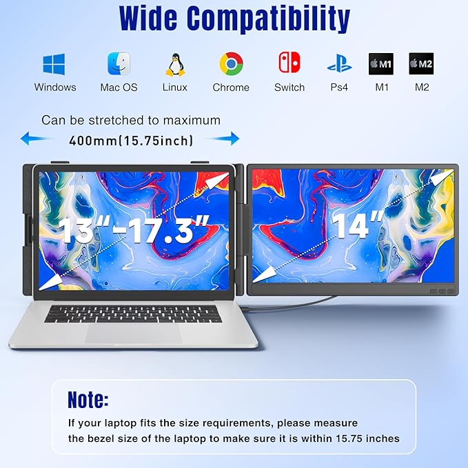 KEFEYA Laptop Screen Extender 14 FHD 1080P IPS Laptop Monitor Extender Portable Monitor for Laptops 13-17 with USB-C/HDMI Port Plug n Play for Windows/Mac/Android/Switch/PS5