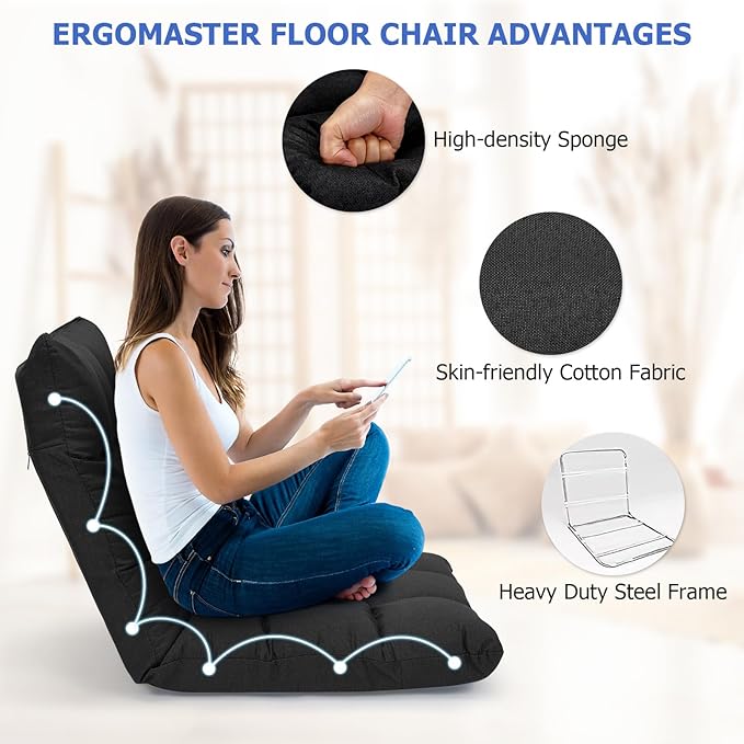 ERGOMASTER Video Gaming Floor Chair with Adjustable 14-Position Memory Foam Folding Floor Sofa Chair Lounger Folding Sleeper Bed Couch Recliner Lazy Lounger for TV Reading Relaxing Black