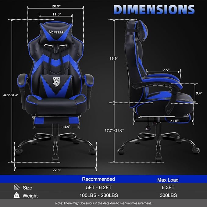 Vonesse Gaming Chair High Back Gaming Chair with Footrest and Massage Gaming Chairs for Adults with Pocket Spring Cushion Big and Tall Reclining Computer Chair with Lumbar Support (Blue/Black)