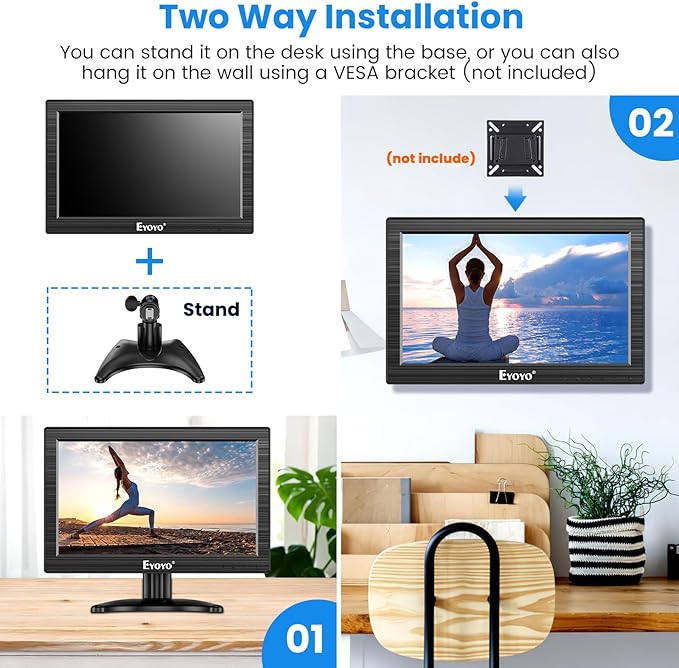 Eyoyo 12 Inch TFT LCD Monitor with AV HDMI BNC VGA Input 1366x768 Portable Mini HD Color Screen Display with Built-in Speaker