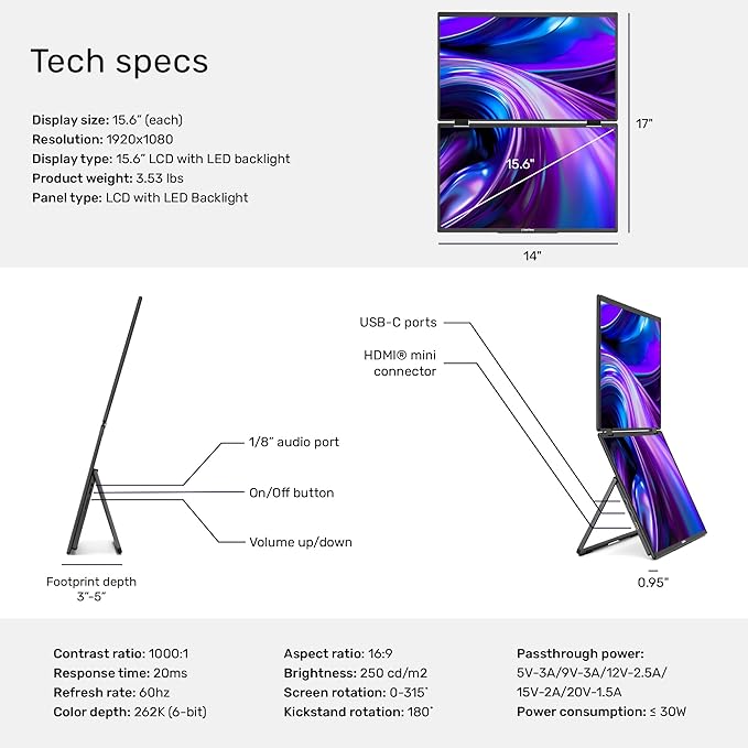 SideTrak Solo Book 15.6 Foldable Dual Screen Portable Monitor - FHD Portable Stacked Monitor External Display for Laptop Extender with Stacked Dual Monitors for Mac PC and Chromebook