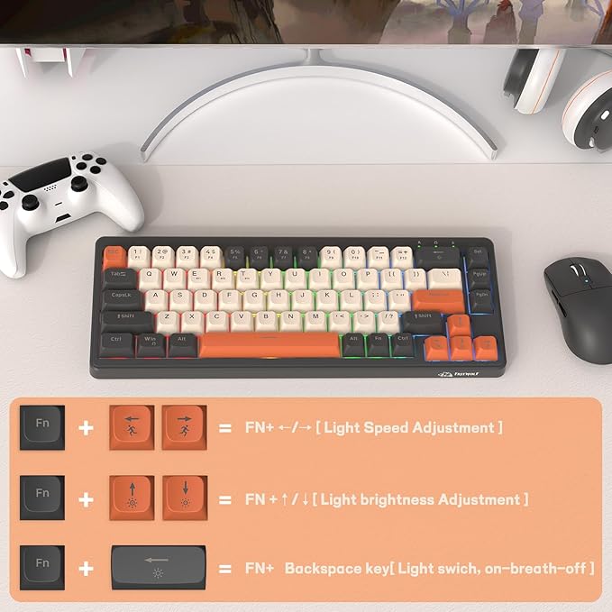 M68 65% Wireless Gaming KeyboardBluetooth/2.4GHz/ Wired Tri-Mode Silent Membrane KeyboardPBT Keycaps2000mAH Rechargeable67 Keys Rainbow LED Backlit PC Gaming Keyboard for Win/Mac-Shimmer
