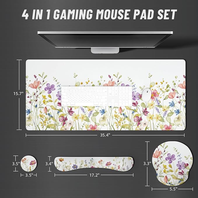 Ovenbird Mouse Pad Set 4-in-1 | Large Gaming Mousepad Keyboard Wrist Rest Mouse Wrist Support Coaster | Ergonomic Office Desk Mat Accessories for Women Men | 4PCS 35.4 x 15.7in White Floral