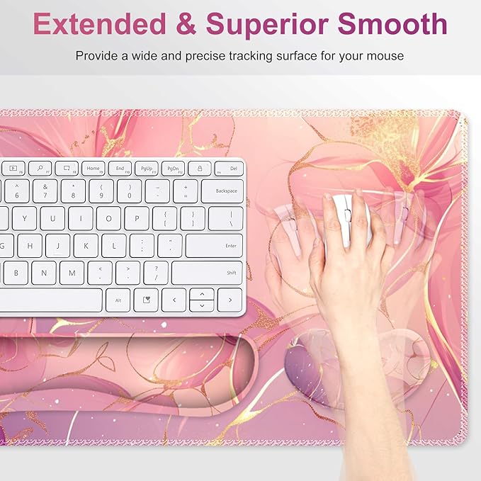 Desk Mat Pad Gaming Mouse Pad Wrist Support Set 4 in1 Non-Slip Large Mousepad + Ergonomic Keyboard Wrist Rest+Mouse Wrist Rest+Coaster for Home Office Computer I Pink Purple Gold Floral