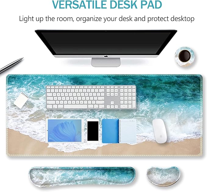 ARTSO Extended Gaming Mouse Pad Set Keyboard Wrist Rest Support Pad + Wrist Cushion + XXL Large Mouse Pad + Coaster Stitched Edge Non-Slip Memory Foam Desk Mat Beach Waves