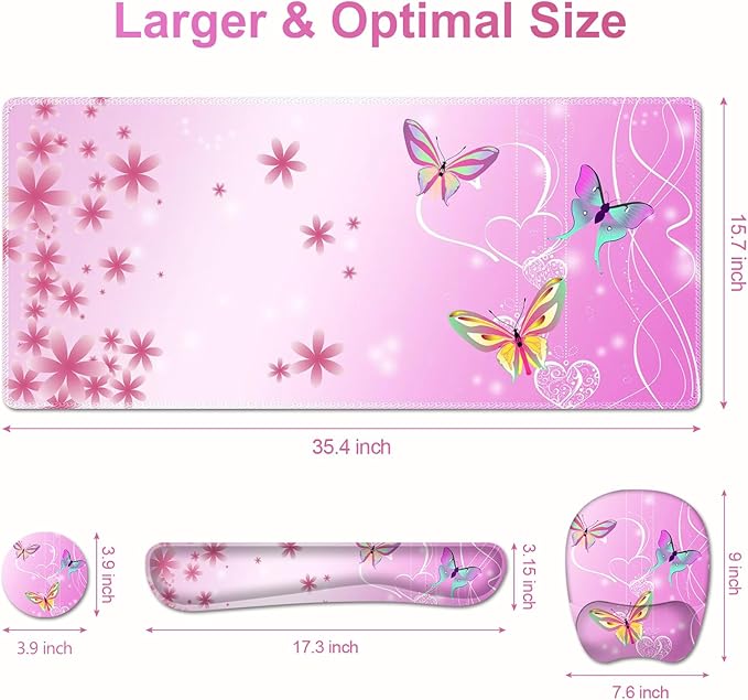 Mouse Pad with Wrist Support 4 in1 Set XXL Big Game Mousepad + Keyboard Wrist Rest + Mouse Wrist Rest Pad +Coaster Gaming Mat for Work Study Home Office I Gradient Pink Butterfly Flower