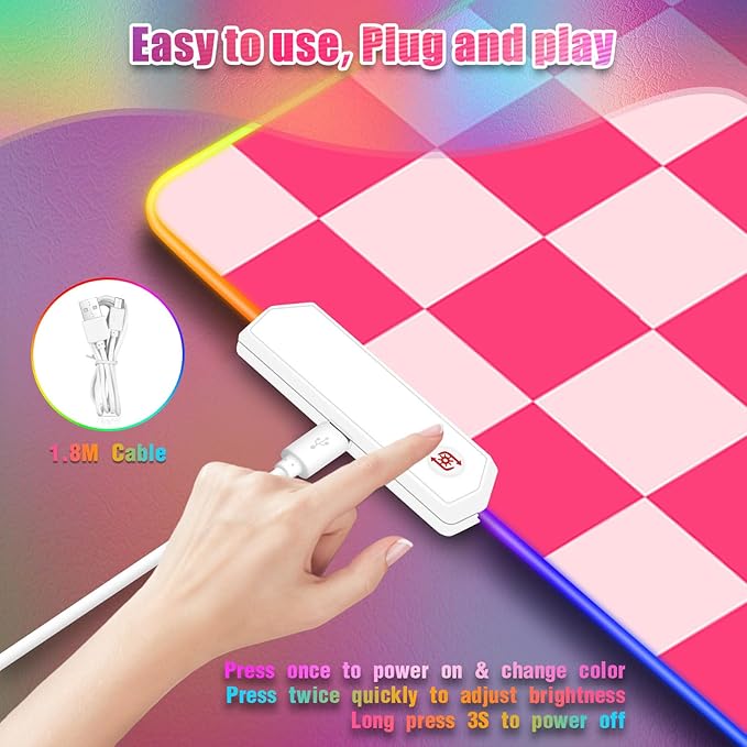 RGB Gaming Mouse Pad I Large Mousepad with 14 Led Modes I Keyboard Pad Gaming Desk Mat I Non-Slip Rubber Base Mouse Mat I 900x400x4mm Waterproof Mousepad for Gaming PC MacBook I Pink Checkered