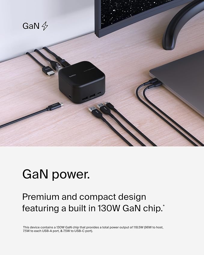 Belkin Connect USB-C 6-in-1 Core GaN Dock 130W Multiport Docking Station w/ 96W PD to Peripherals USB-C USB-A Gigabit Ethernet &amp HDMI 4K Ports for Gaming MacBook Pro PC Laptops &amp Chrom