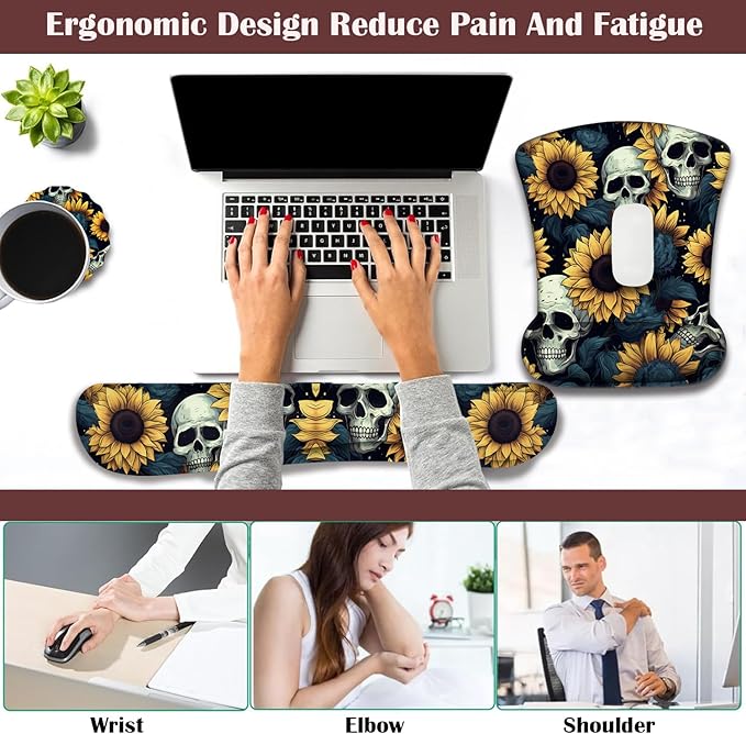 Keyboard Wrist Rest and Mouse Pad Wrist Support with Lace-Shaped Coaster Set Ergonomic Gel Memory Foam and Anti-Slip Base Easy Typing and Pain Relief - Skull Sunflower