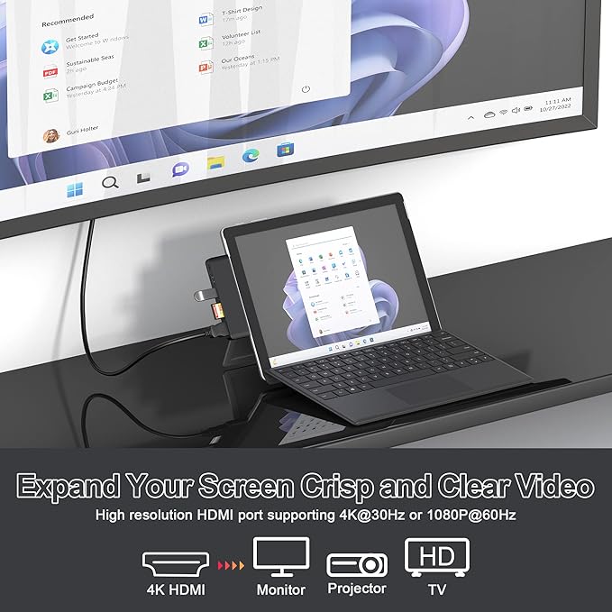 Surface Pro 9/10/11/X Accessories Surface Pro 9 USB Hub Docking Station with 4K HDMI USB-C Thunerbolt 4 (Display+Data+PD Charging) 2 USB 3.0 SD/TF Card Reader for Surface Pro 9/Pro10/Pro11/ProX