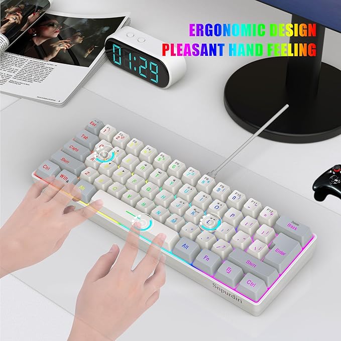 Snpurdiri 60% Wired Gaming Keyboard 61 Keys RGB Backlit Small Gaming Keyboard for PC/Mac Gamer Typist Travel Easy to Carry on Business Trip(Grey-White)