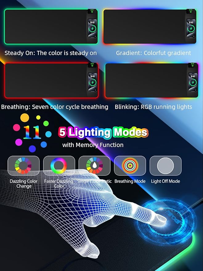 Magnetic Charging Mouse Pad 31.5x11.81 Inch XL Gaming Mousepad 11+5 RGB Lighting Modes Home Office Large Desk Pad with Ultra-Smooth Surface Non-Slip Waterproof Keyboard Pad Classic Black Desk Mat