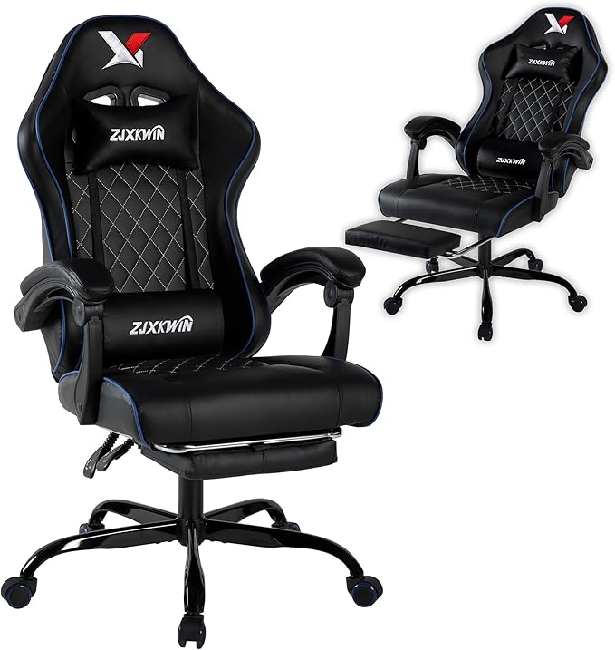 Vedio Gaming Chair with Footrest Lumbar Support for Home Office High Back Recliner Height Adjustable Ergonomic Comfy Leather Computer Desk ChairBlue
