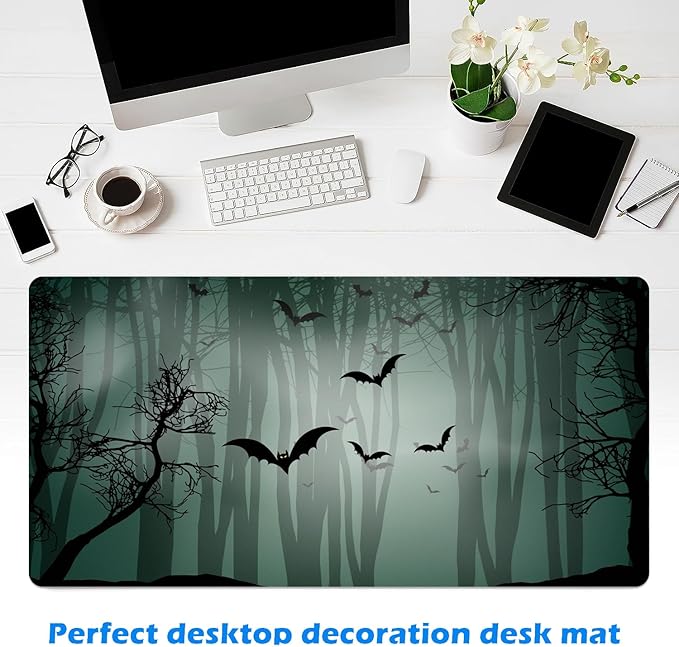 MAYCARI Halloween Cute Bat Mouse Pad Kawaii Cartoon Funny Spirit Extended Desk Mat Non-Slip Rubber Baseb Large Green Mousepad for Desk Gaming Laptop Desktop 31.5X15.7