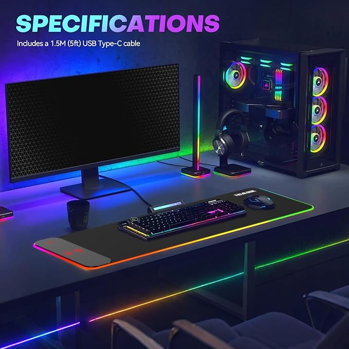 RGB Gaming Mouse Pad with 15W Wireless Charger 17 Lighting Modes LED Mouse Mat Extra Large 27.6x11.8 Extended Mouse Pad with Non-Slip Base Type-C Plug &amp Play for Keyboard Mouse and Phone
