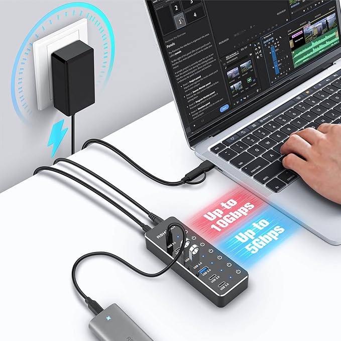 RSHTECH 7-Port Powered USB 3.2/USB-C Hub Splitter with 3 x 10Gbps USB-3.2 Ports (2C + 1A)4 USB-3.0 Ports (2C + 2A) 3.3ft Cable Touch Switches and 5V Power Adapter for Laptop PC