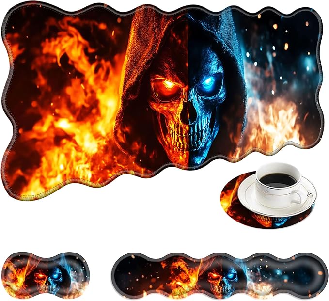 Large Mouse Pad and Keyboard Wrist Rest Desk Pad for Keyboard and Mouse 4-in-1 Large Gaming Mouse Pad with Wrist Support Desk Mat for Home Office Study Game-Flaming Skull