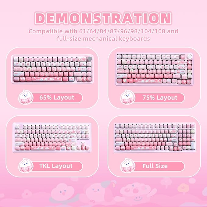 YUNZII Cute Pink Ice Cream Custom Keycaps 138 Keys Dye Sub PBT MOG Profile Keycap Set for Mechanical Gaming Keyboards (Pink Ice Cream)