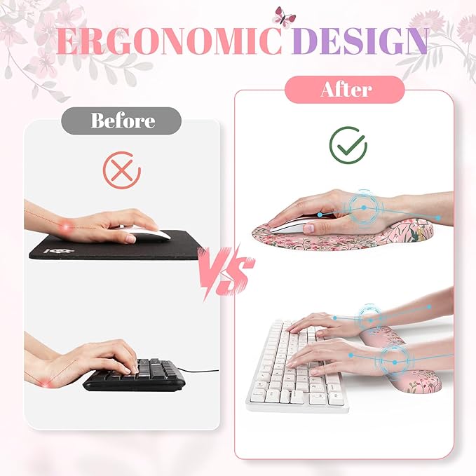 iCasso Desk Mat SetLarge Mouse Pad with Wrist RestErgonomic Keyboard Wrist Support for WomenGirly Floral Computer Mat with Scalloped EdgesNon-Slip Desk Pad Home Office Gaming (Pink)
