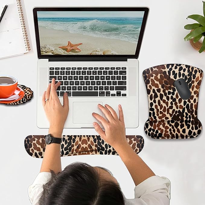 Mouse Wrist Rest and Keyboard Wrist Rest Pad+ Coaster Set Non-Slip Rubber Base Smooth Surface Ergonomic Gaming Mouse Pad for Easy Typing and Pain Relief Brownish Black Cow Pattern