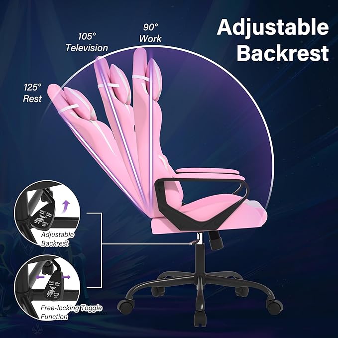 Ergonomic PU Leather Computer ChairHome Office Desk Chair with Adjustable Lumbar SupportExecutive High Back 360°Swivel Rolling Gaming Chairs for Adults(Pink)