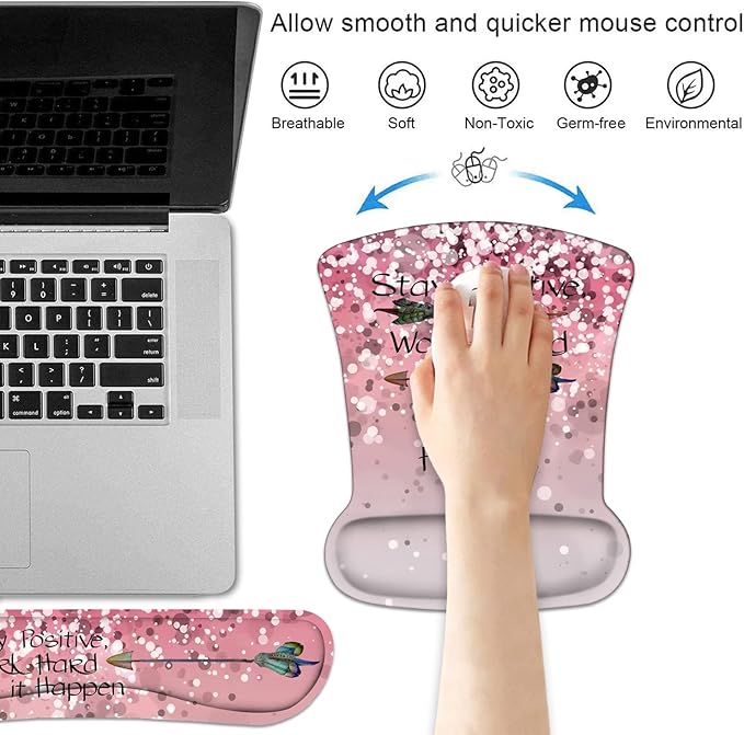 Keyboard Wrist Rest and Mouse Pad Wrist Support Set with Coasters Inspirational Quote Stay Positive Work Hard and Make It Happen Wrist Mouse Pad with Non-Slip PU Base for Home Office Working Studying