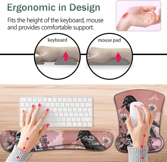 Keyboard Wrist Support + Wrist Mousepad + Coaster Combination Non-Slip PU Base with Gel Memory Mousepad Suitable for Gaming Office Pain Relief Mousepad Set - Crow Skull