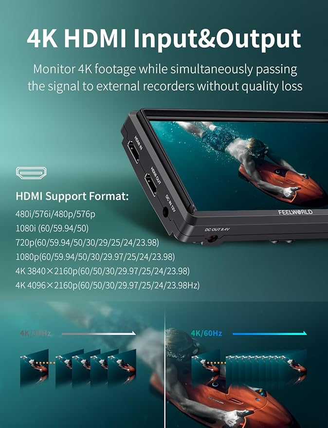 FEELWORLD S55E 5.5 inch DSLR Field Monitor 3D LUT Compact Full HD 1920x1152 IPS Video Assist Peaking Focus with 4K60Hz HDMI 8.4V DC Inputs/Outputs Includes F550 4400mAh BatteryTilt ArmSunshade