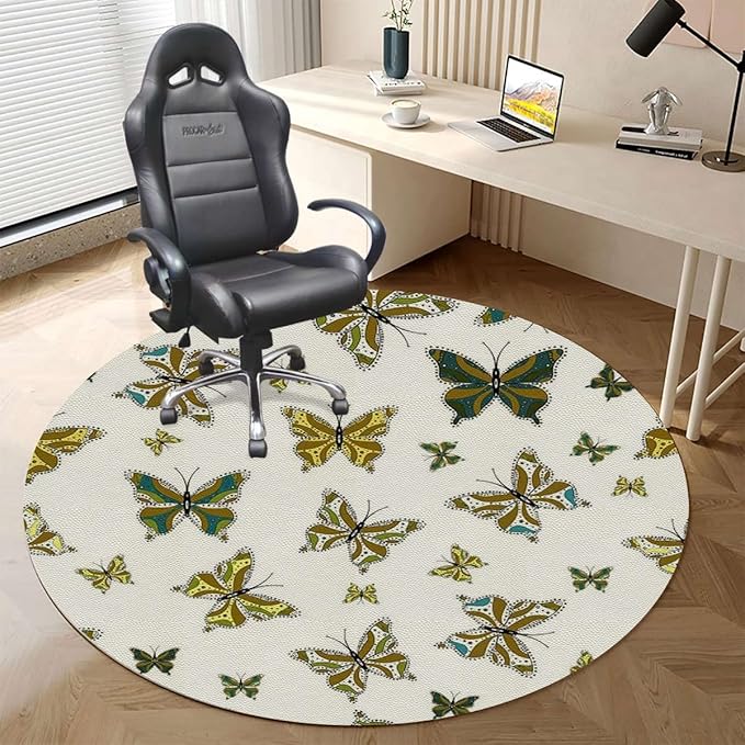 Brown Blue PU Leather Gaming Chair Mat Chair Mat for Hardwood Floor Butterfly in Watercolor Modern Minimalist Design Round Floor Mats for Office Chair Computer Desk Anti Slip Moth Diameter 47.2 in