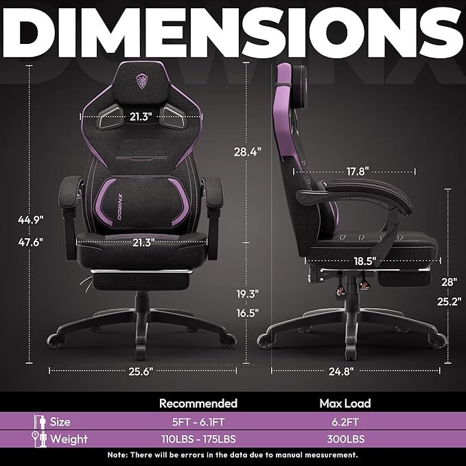 Dowinx Fabric Gaming Chair with Footrest Big and Tall Ergonomic Gamer Chair with Lumbar Support Wide Back Computer Chair for Heavy People Purple