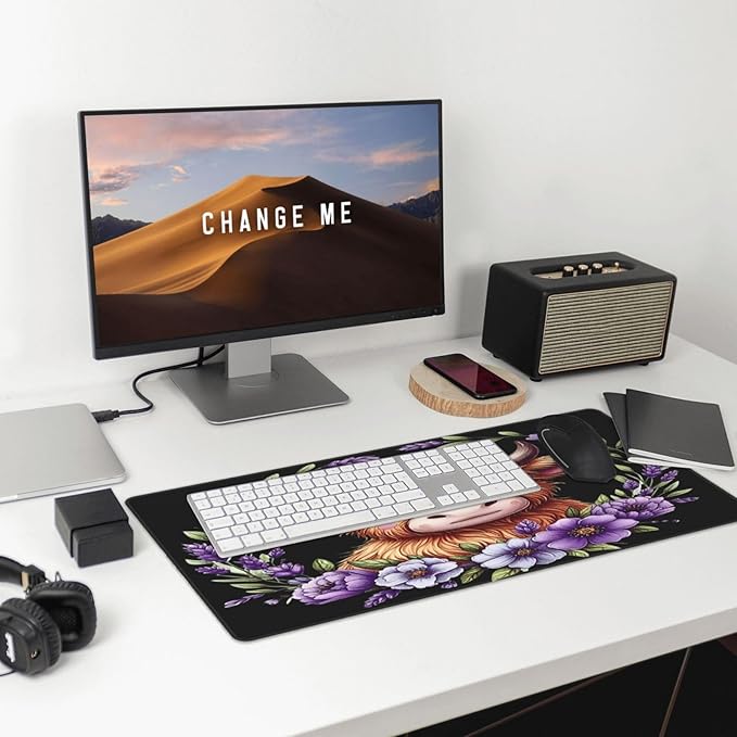 Cute Highland Cow Purple Floral Mouse Pad Non Slip Large Desk Keyboard Mat Gaming Protection Pad 16X29.5 Inch