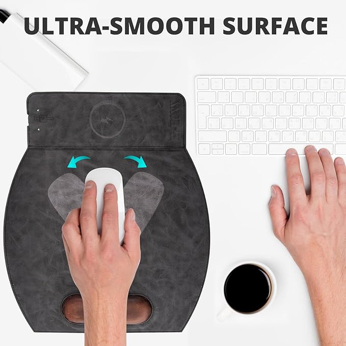 Magnetic Wireless Charging Mouse Pad with Ergonomic Design Mousepad with Wrist Support Foldable Mousepad with Wrist Rest for Computer Laptop Office &amp Home 14 x 12.1 in Grey