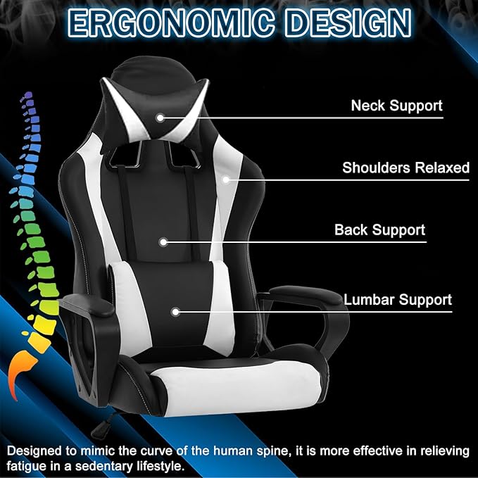 Gaming Chair Computer Gamer Racing Chair High Back Video Game Chair Leather Gaming Chair Ergonomic Adjustable Swivel Racing Chair with Headrest and Lumbar Supportfor Back Pain WomenMenWhite