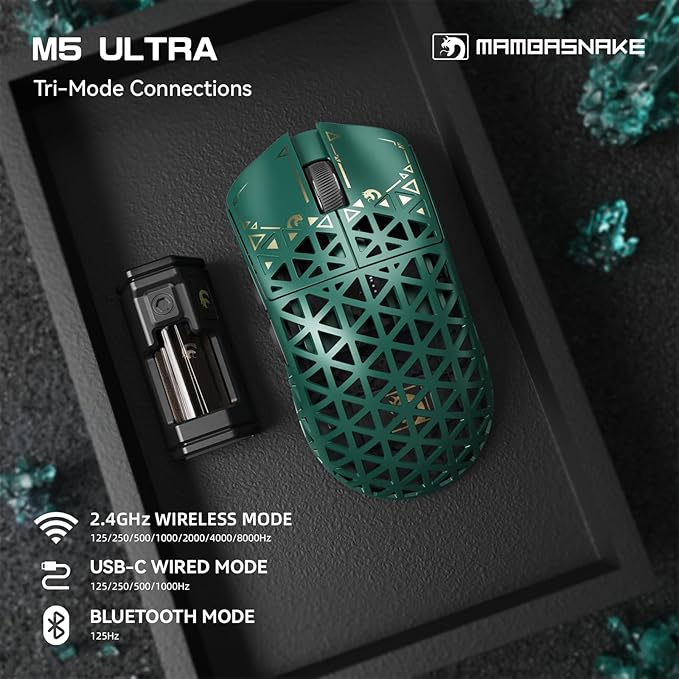 MAMBASNAKE M5 Ultra Carbon Fiber 8KHz Wireless Gaming MousePAW3950MAX Sensor 42K DPI39g Superlight Tri-Mode 2.4GHz/BT/Wired Computer MiceWeb Driver Supportfor Win/Mac/FPS/MOBA/Esports-Green (A)