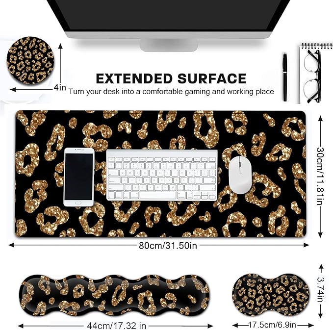 Gold Leopard Desk Pad Set - Extended Gaming Mouse Pad+ Ergonomics Memory Foam Wrist Rest Support 31.5x11.8in Waterproof Large Mouse Pad for Home Office Black XXL Mouse Mat