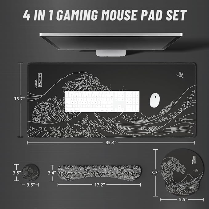 Ovenbird Mouse Pad Set 4-in-1 | Large Gaming Mousepad Keyboard Wrist Rest Mouse Wrist Support Coaster | Ergonomic Office Desk Mat Accessories for Women Men | 4PCS 35.4 x 15.7in Great Wave Black