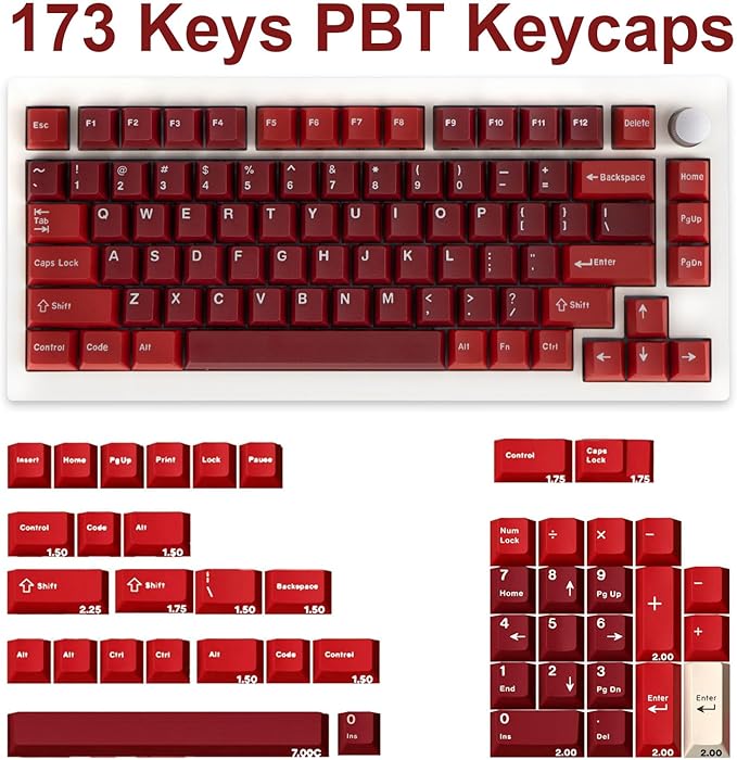 Custom PBT Keycaps 173 Keys Double Shot Cherry Profile Keycap Minimalist Red Key caps Set with Key Puller for Mechanical Keyboard Compatible with ANSI ISO Layout