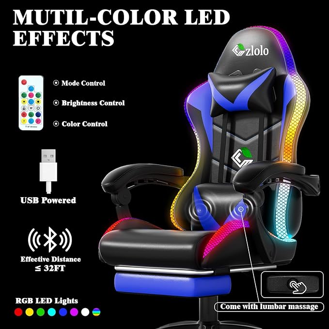 Gaming Chair Racing Style RGB LED Lights Gaming Chairs for Adults and Kids Lumbar Massager Gamer Chair High Back Reclining Computer Chair with Footrest and Headrest (Black/Blue)